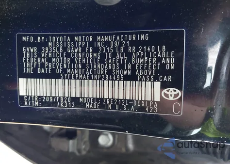 2022 Toyota Corolla Le из США, поврежденный, VIN 5YFEPMAE1NP284495